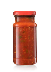 Glass jar with taco nachos salsa hot dip sauce on white background.