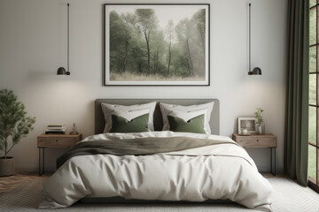 Fototapeta premium Minimalist Bedroom with Landscape Poster Mockup