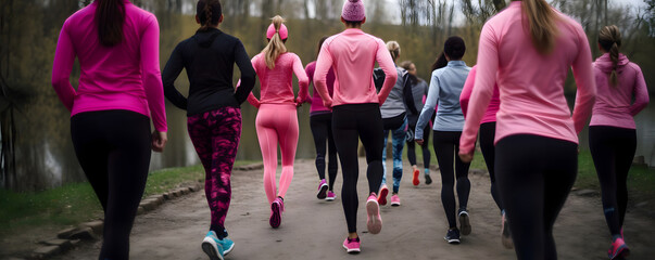 crowd of women wearing pink sport clothes, running in the nature - pink october - Generative AI