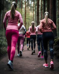 a crowd of women wearing pink sport clothe, running in the nature - pink october theme - Generative AI