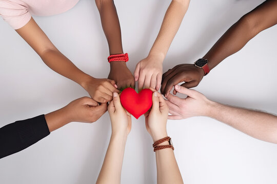 many multiracial hands holding a red heart, unity, love, Generative AI