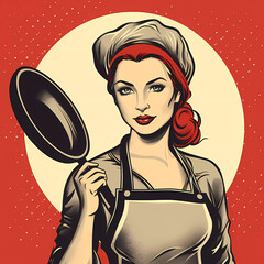 Redhead Woman Chef with Frying Pan, Retro Looking Illustration. Generative AI