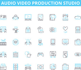 Audio video production studio linear icons set. Recording, Sound, Studio, Production, Mixing, Mastering, Editing line vector and concept signs. Composing,Arranging,Mic outline illustrations