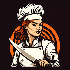 Female Chef with Knife, Illustration in Anime Style. Generative AI