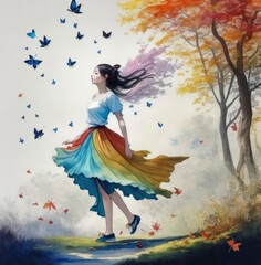 Beautiful girl dancing,autumn outskirt,a beautiful lady resembles, Multicolor Vector Illustration