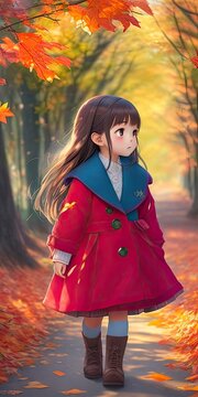 Little cute girl walk at late autumn, Illustration 3D, Generative AI
