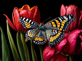 A butterfly landing on a freshly bloomed tulip.