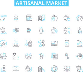Artisanal market linear icons set. Handcrafted, Local, Unique, Authentic, Artisan, Homemade, Natural line vector and concept signs. Sustainable,Organic,Traditional outline illustrations Generative AI