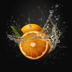 Fototapeta na wymiar A slice of orange is being squeezed into a liquid splash.