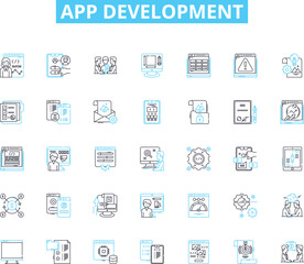 Fototapeta na wymiar App development linear icons set. Platform, Framework, Code, Interface, Compatibility, Usability, Functionality line vector and concept signs. Design,Integration,User experience outline Generative AI
