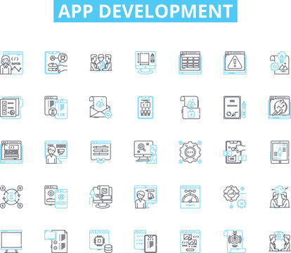 App development linear icons set. Platform, Framework, Code, Interface, Compatibility, Usability, Functionality line vector and concept signs. Design,Integration,User experience outline Generative AI