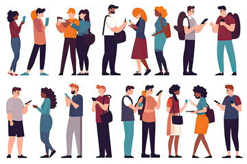 Fototapeta premium People holding, using mobile phones set. Characters with smartphones in hands. Men, women use cellphones, surfing internet, chatting. Flat graphic vector illustrations. Ai generative