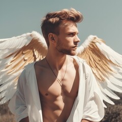 Attractive man with angel wings, Generative Ai