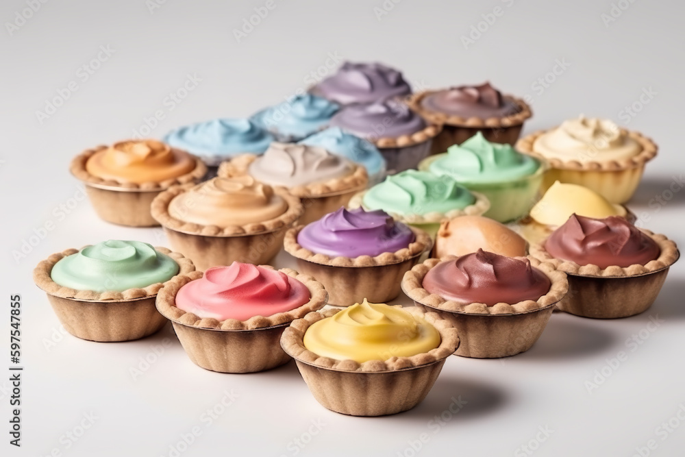 Poster a group of cupcakes with different colored frosting. ai generative.