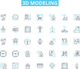 3d modeling linear icons set. Rendering, Animation, CAD, Sculpting, Texturing, Shading, Lighting line vector and concept signs. Photorealistic,Architectural,Character outline Generative AI