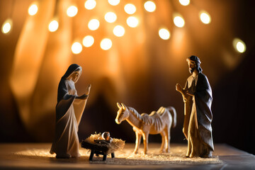 Christmas nativity with lights background. Mary and Joseph with the newborn Jesus. Generative ai - obrazy, fototapety, plakaty