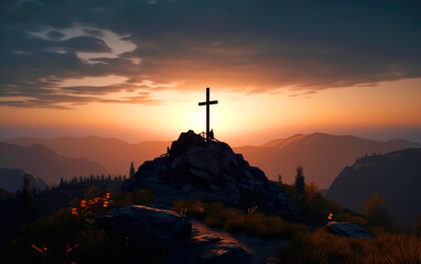 Silhouette cross mountain sunset background. Easter concept. Generative ai