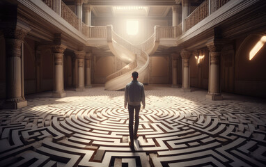 Man getting ready to enter a 3D flat labyrinth confusion concept. Generative ai