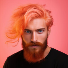 Bearded stylish man with pink and orange hair, Generative Ai