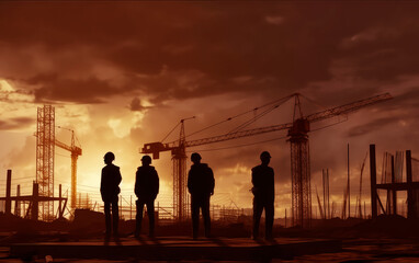 silhouette of builders at a construction site at sunset, Engineers work. Generative AI