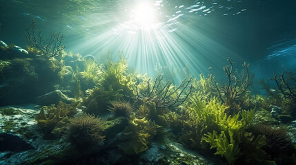 Fototapeta na wymiar underwater scene with reef and sun shine.Generative Ai