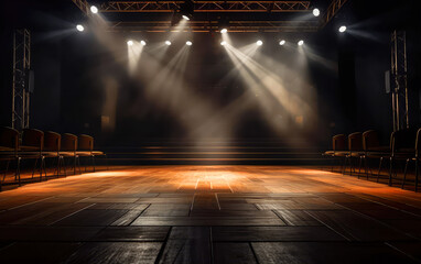 Empty stage of the theater, lit by spotlights before the performance. Red round podium on bright background. Empty pedestal for award ceremony. Platform illuminated by spotlights. Generative AI