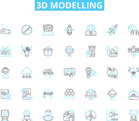 Fototapeta premium 3d modelling linear icons set. Rendering, Sculpting, Texturing, Animation, Modeling, Rigging, Lighting line vector and concept signs. Shading,Design,Visualization outline illustrations Generative AI