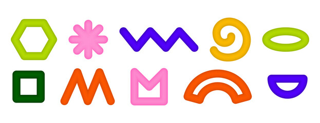 Set of bright simple graphic shapes. Expressive and dynamic shapes 3d in the style of the aesthetics of the 90s. Fashion graphic elements Memphis. Vector illustration.