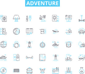 Fototapeta na wymiar Adventure linear icons set. Exploration, Danger, Excitement, Thrill, Risk, Escape, Journey line vector and concept signs. Expedition,Quest,Odyssey outline illustrations Generative AI