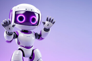 friendly purple robot waving hand with a purple background