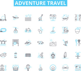 Adventure travel linear icons set. Trek, Explore, Expeditions, Rafting, Safari, Mountaineering, Backpacking line vector and concept signs. Bungee,Climbing,Kayaking outline illustrations Generative AI