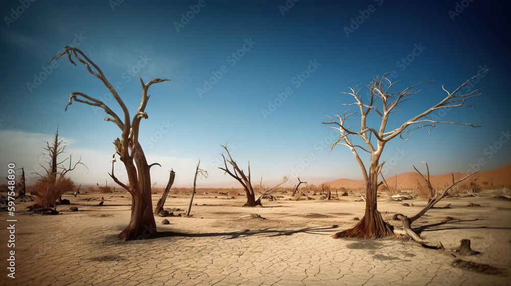 Poster a barren area with dead trees in the middle of the desert. ai generative.