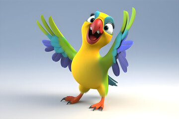 Сheerful cartoon colorful parrot with teeth on a blue background. Generative AI.