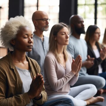 Mixed racial group meditating, Generative Ai