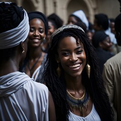 Portrait of a person black woman African American smiling in a crowd in the market or street Generative AI