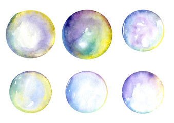 Set of colored soap bubbles on transparent background. Hand drawn by watercolor.