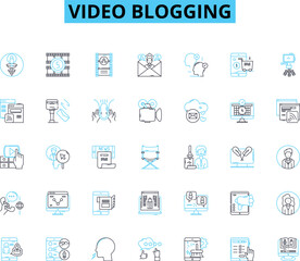 Video blogging linear icons set. Vlogging, Youtube, Blogging, Content, Influencer, Camera, Editing line vector and concept signs. Channel,Upload,Audience outline illustrations