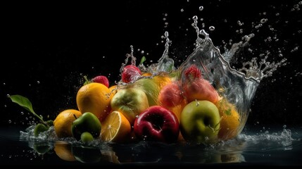 Fototapeta na wymiar Fruits and vegetables splash into water, generative ai