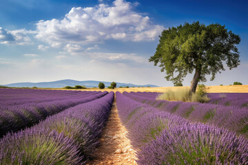 Fototapeta na wymiar Provence, lavender field, blue sky with clouds, Generative AI