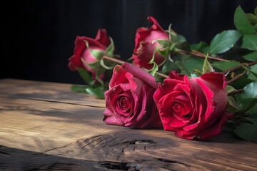 Red roses on an old rustic wooden table, concept for Valentine's Day, Mother's Day, Women's Day, love, romance. Generative AI concept.