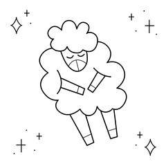 A cute sheep is napping. Doodle black and white vector illustration.