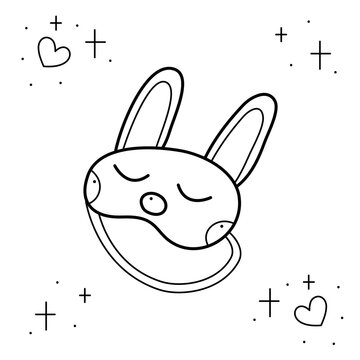 recommend clip art: Night sleep mask in the form of a cute bunny. Doodle black and white vector illustration.