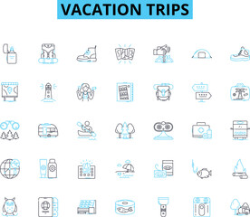 Vacation trips linear icons set. Adventure, Relaxation, Exploration, Nature, Scenery, Culture, Sunbathing line vector and concept signs. Waterfall,Leisure,Beaches outline illustrations Generative AI