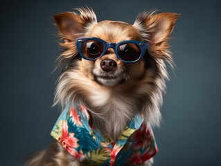 A small dog wearing a Hawaiian shirt and sunglasses