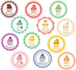 A set of sweet cupcakes with decor and fillings. Fruit cake. Cupcake sticker, topper.