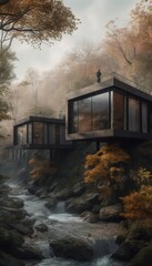 Plakat House on the river. AI generated art illustration.