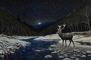 Fototapeta premium Landscape with moon and tree. AI generated art illustration.