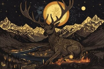 Landscape with moon and tree. AI generated art illustration.