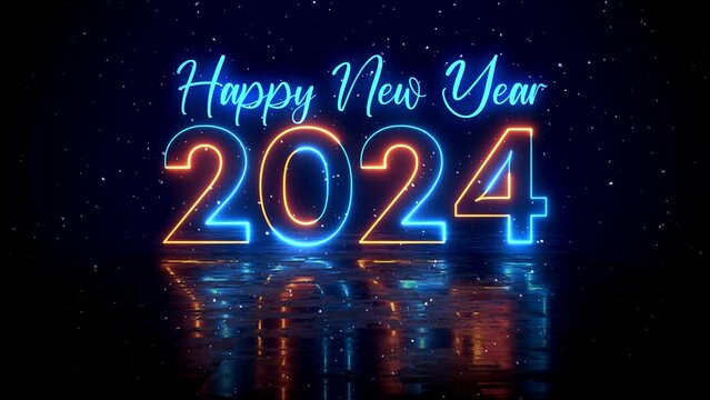 Futuristic Blue Orange Glowing Neon Light Happy New Year 2024 Text Reveal With Floor Reflection Amid The Falling Snow On Dark Background, 5-15 Seconds Seamless Loop