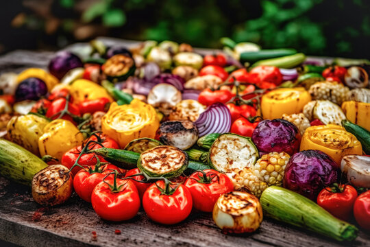 Various barbecue grilled vegetables laid out beautifully on a large dish. vegetarian barbecue, party, summer holidays